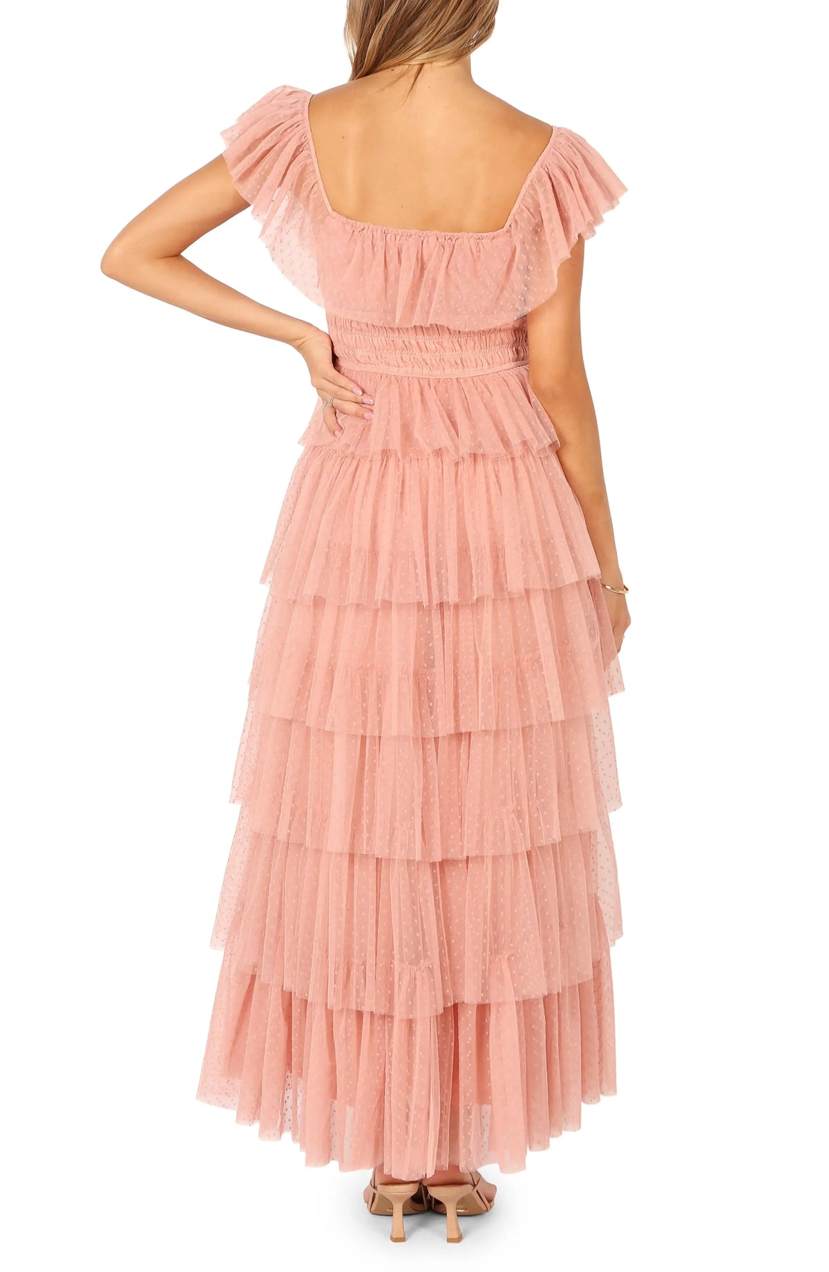 Stylish Elegant Blush Pink Tulle A-Line Square Neck Backless Floor-Length Prom Dress