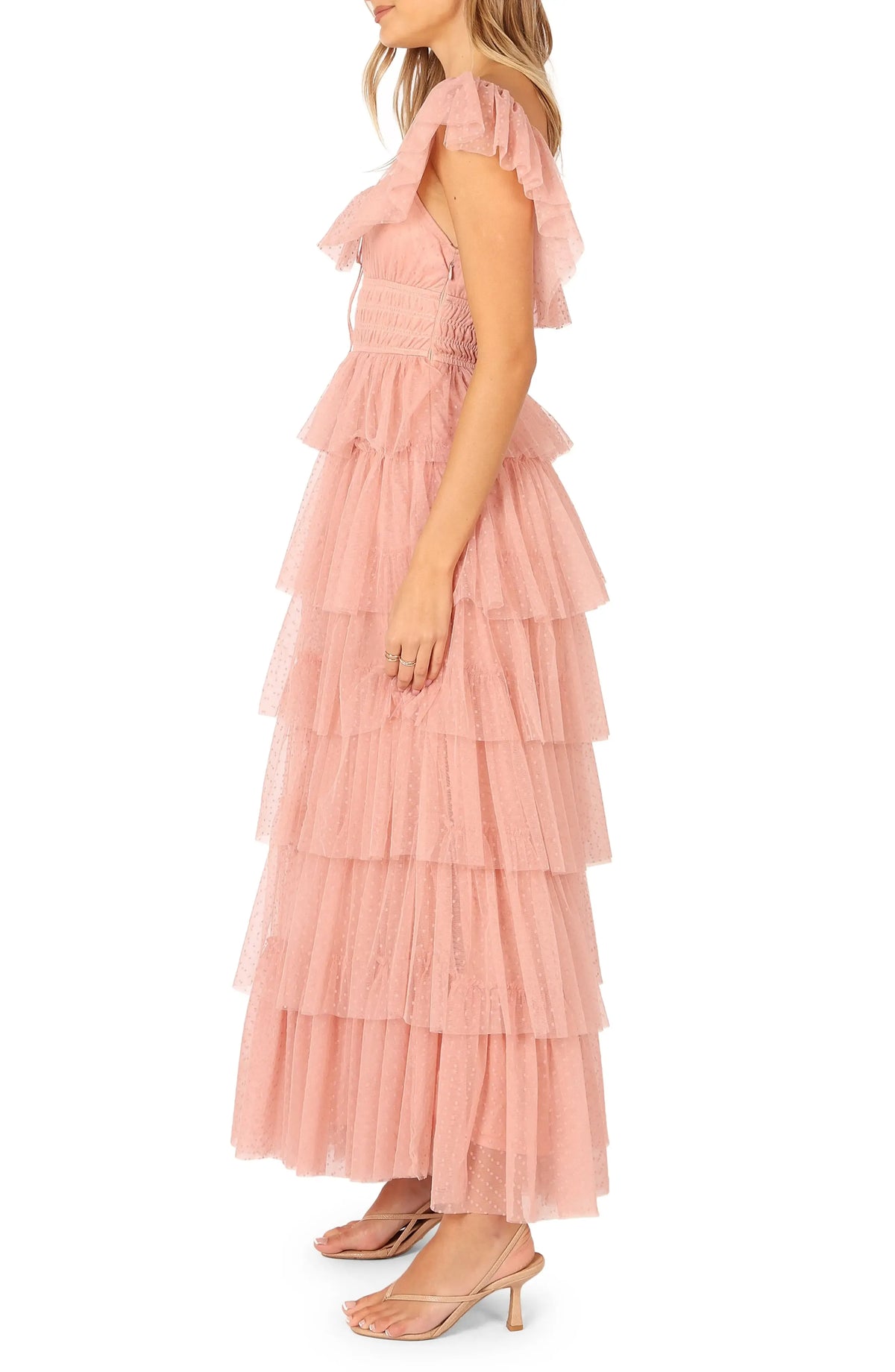 Stylish Elegant Blush Pink Tulle A-Line Square Neck Backless Floor-Length Prom Dress