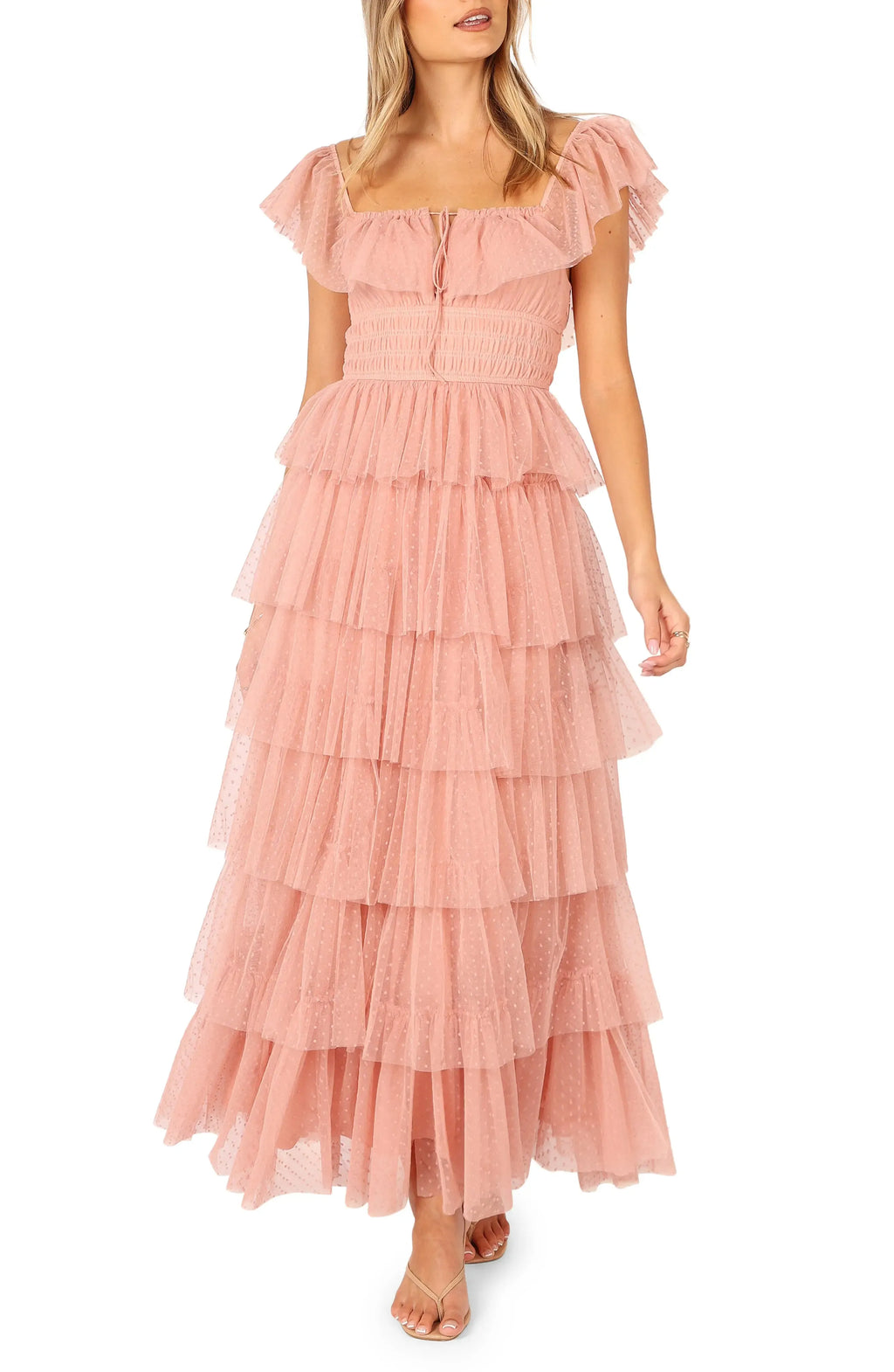 Stylish Elegant Blush Pink Tulle A-Line Square Neck Backless Floor-Length Prom Dress