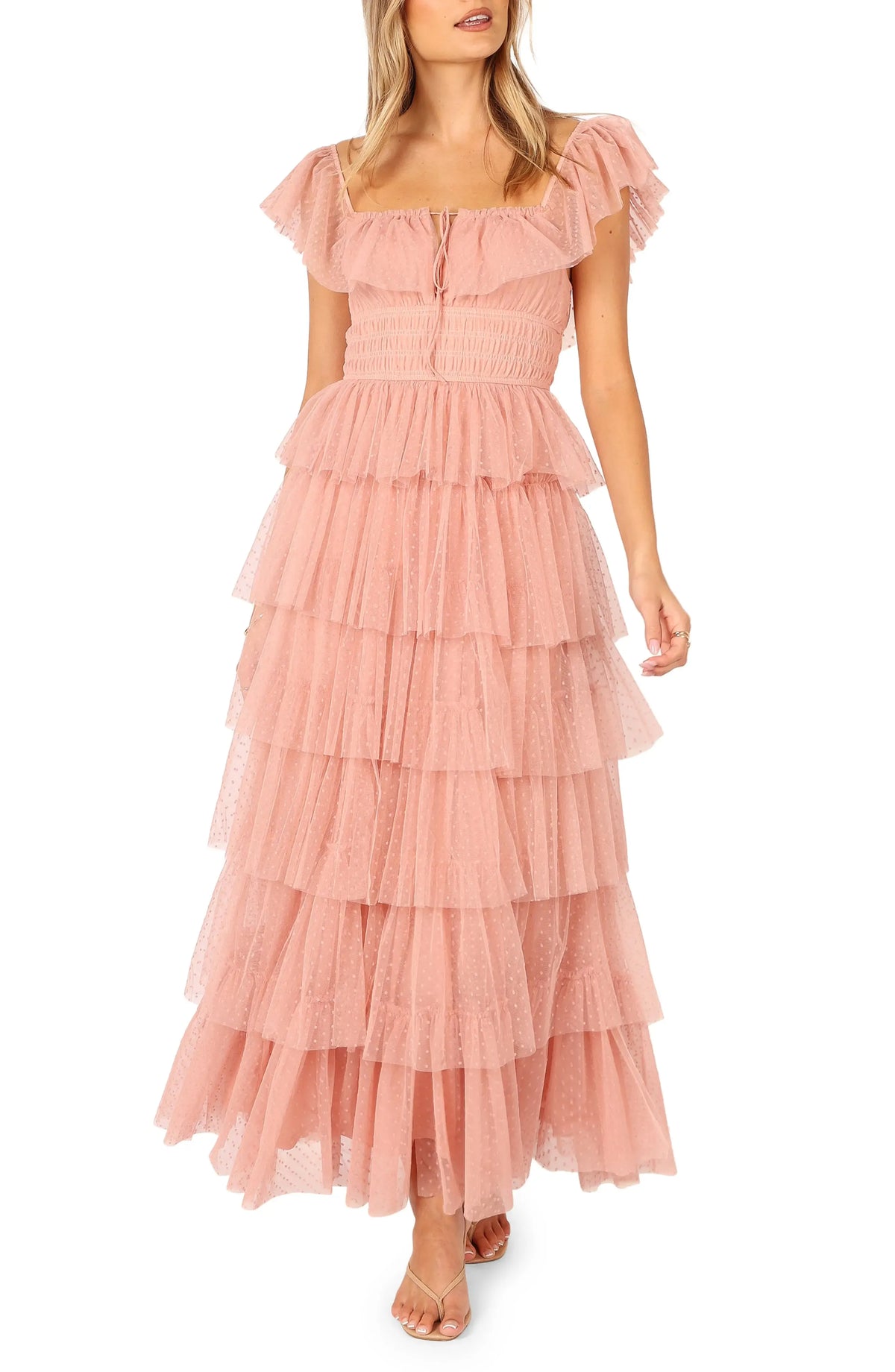 Stylish Elegant Blush Pink Tulle A-Line Square Neck Backless Floor-Length Prom Dress
