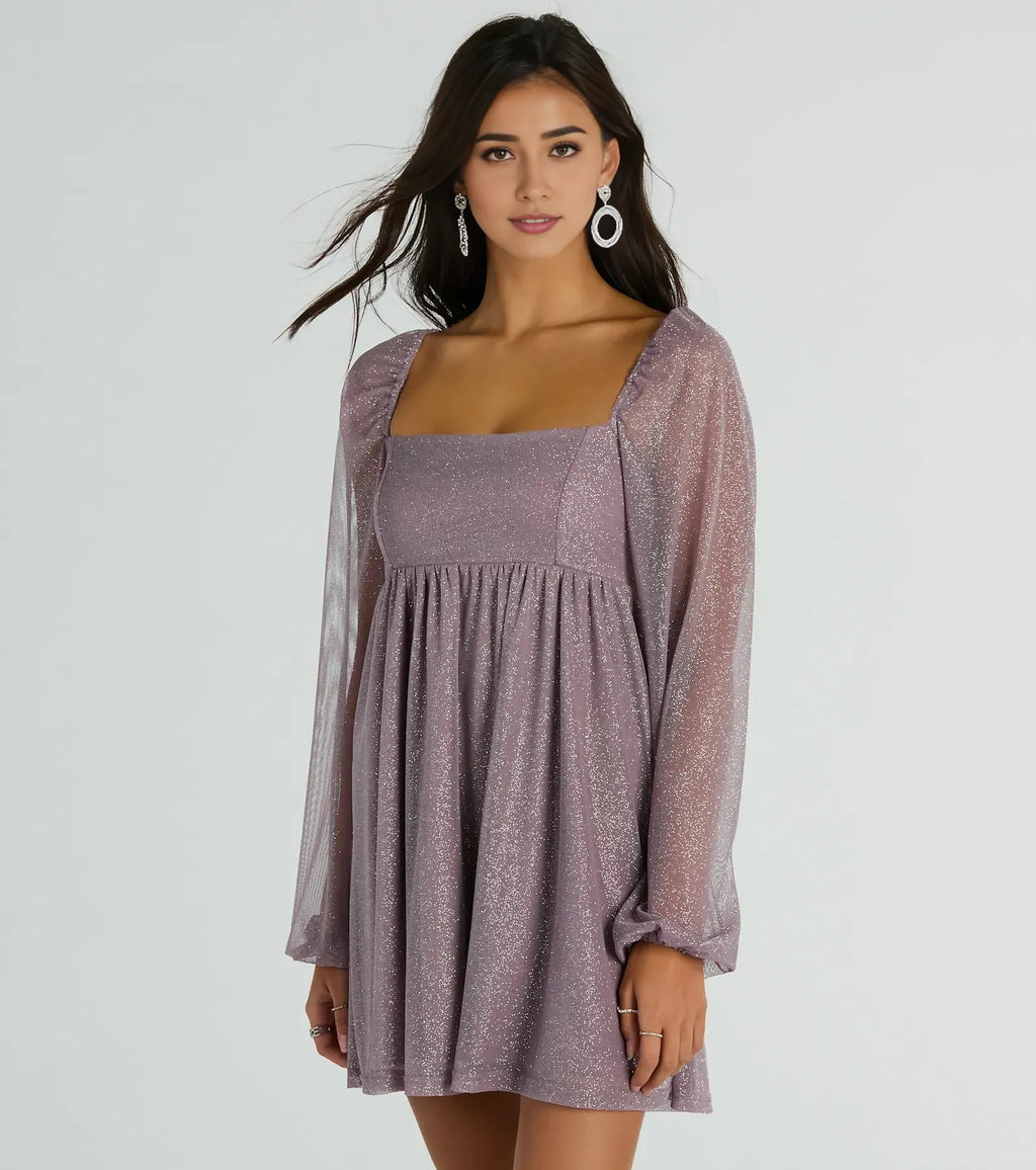 Chic Elegant Lavender Glitter A-Line Square Neck Long Sleeve Mini Homecoming Dress