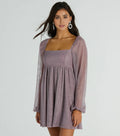 Chic Elegant Lavender Glitter A-Line Square Neck Long Sleeve Mini Homecoming Dress