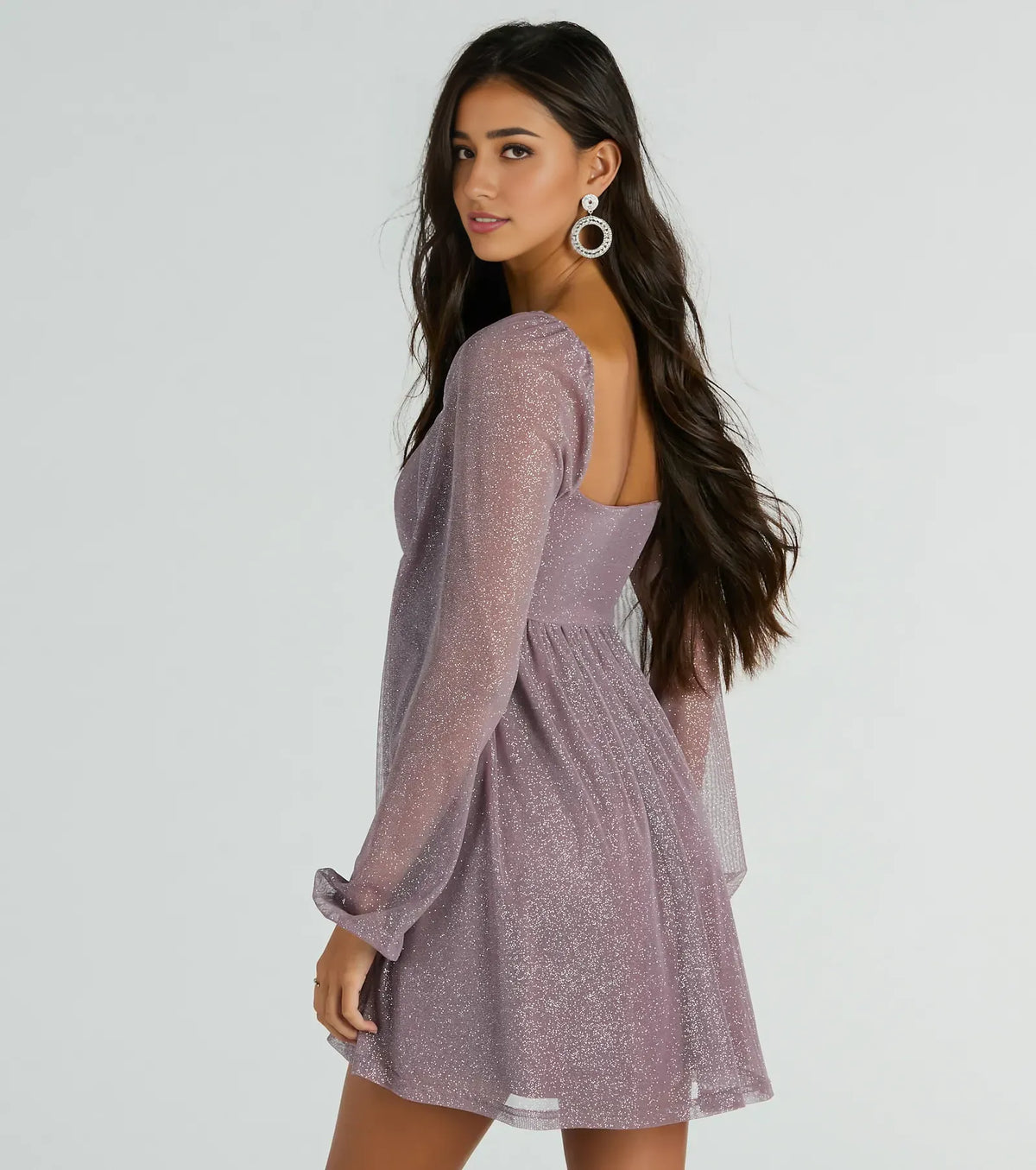 Chic Elegant Lavender Glitter A-Line Square Neck Long Sleeve Mini Homecoming Dress