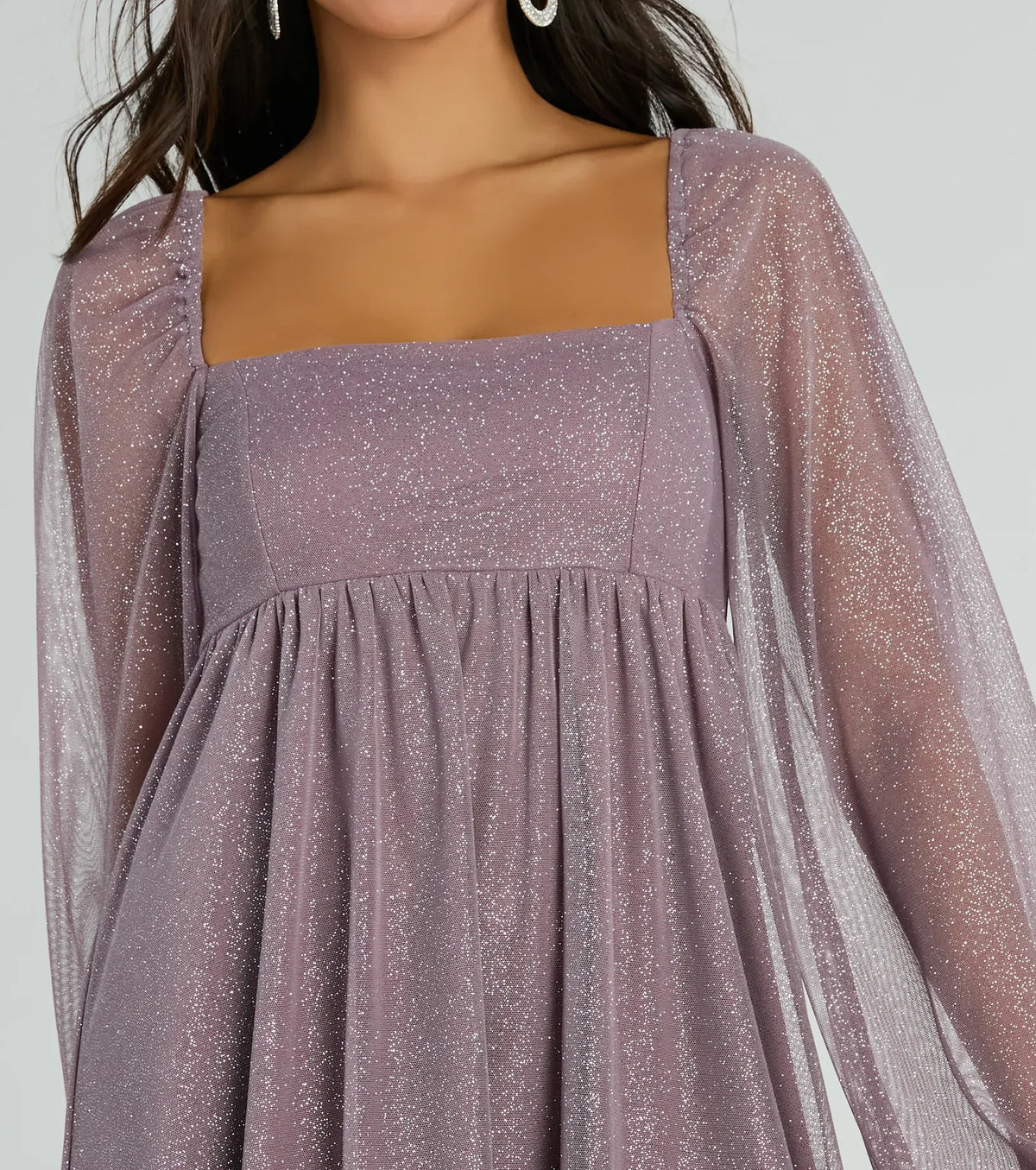 Chic Elegant Lavender Glitter A-Line Square Neck Long Sleeve Mini Homecoming Dress