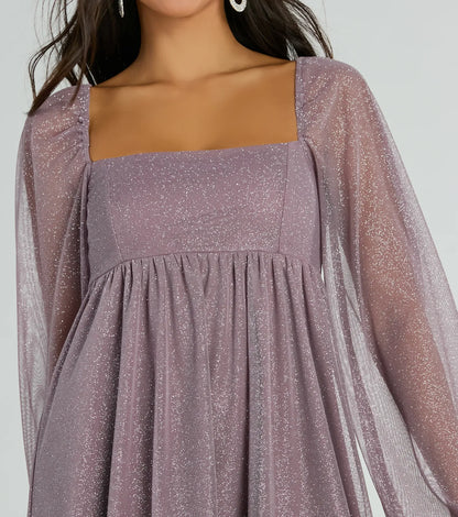 Chic Elegant Lavender Glitter A-Line Square Neck Long Sleeve Mini Homecoming Dress