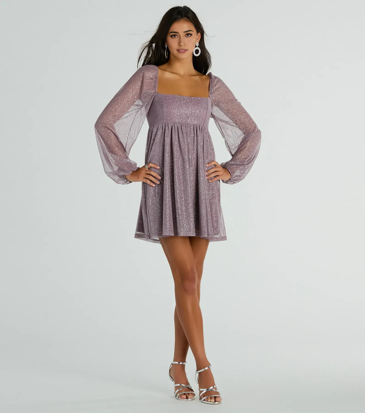 Chic Elegant Lavender Glitter A-Line Square Neck Long Sleeve Mini Homecoming Dress