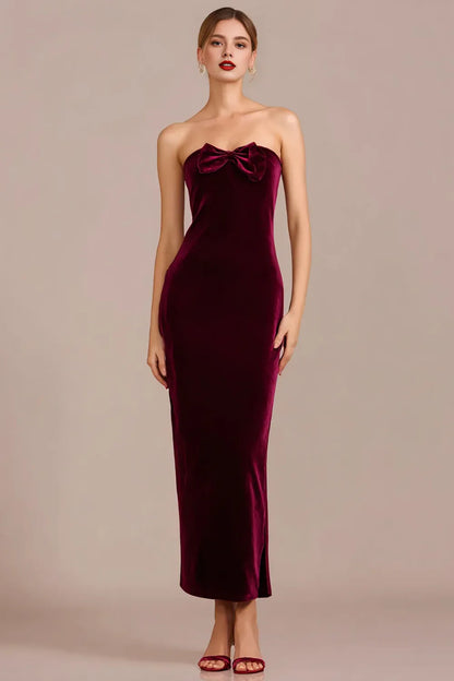 Refined Beautiful Timeless Chic Elegant Burgundy Velvet Mermaid Strapless Sleeveless Prom Dress