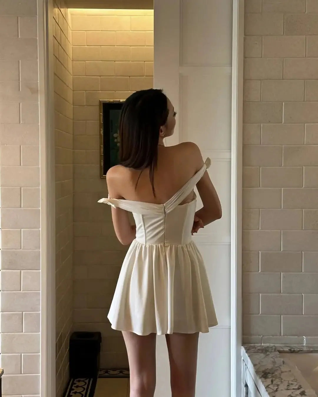 White One Shoulder Herringbone Mini Birthday Party Homecoming Dress