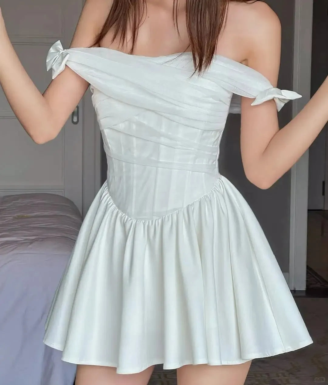 White One Shoulder Herringbone Mini Birthday Party Homecoming Dress