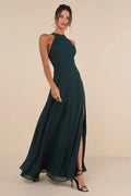 Green Dark Halter Neck Prom Dress with High Side Slit Floor Length Elegance for Glamorous Ball Occasions