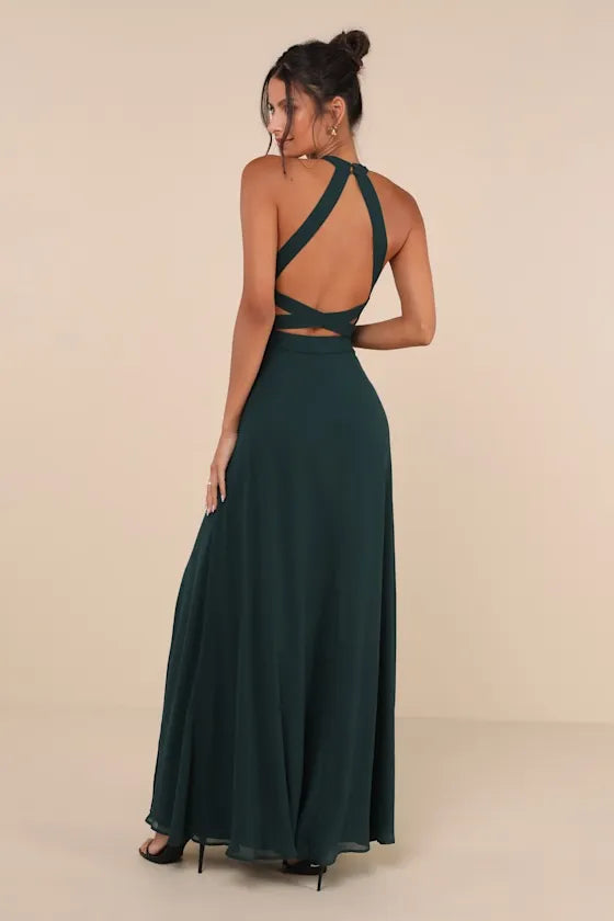 Green Dark Halter Neck Prom Dress with High Side Slit Floor Length Elegance for Glamorous Ball Occasions