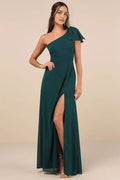 Green Dark Prom Dresses with One Shoulder Bow Detailed Sleeve and High Thigh Side Slit Ideal for Elegant Prom Appearances