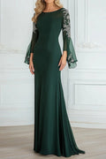 Green Dark Scoop Neck A Line Mother of the Bride Dress with Long Sleeves
