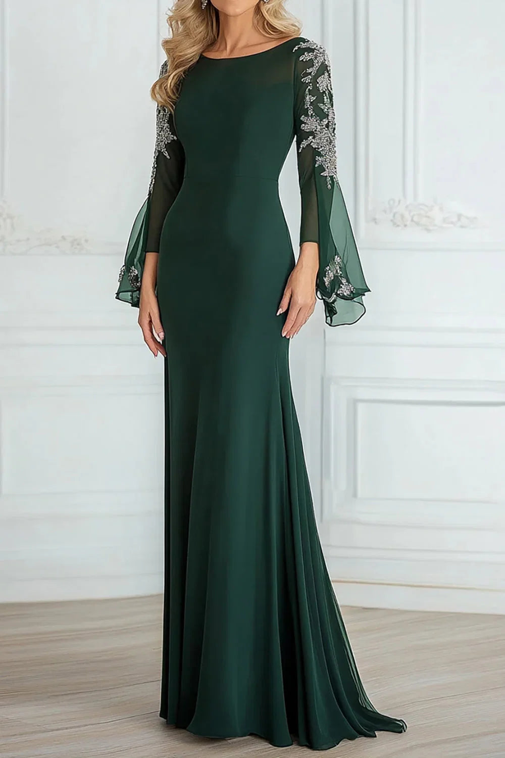 Green Dark Scoop Neck A Line Mother of the Bride Dress with Long Sleeves