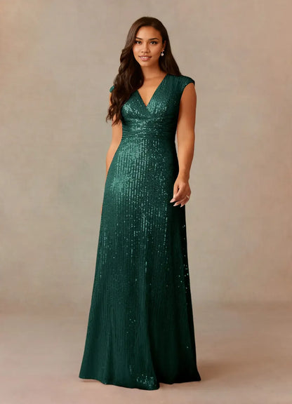 Refined Elegant Champagne Sequins A-Line V-Neck Ruffle Mother of the Bride Dress