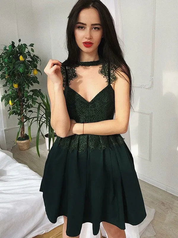 Green Dark Homecoming Dress Bodice Halter Neckline Cut - Out Detail Flared Skirt