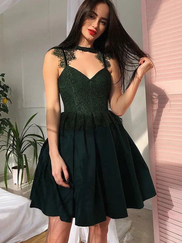 Green Dark Homecoming Dress Bodice Halter Neckline Cut - Out Detail Flared Skirt