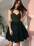 Green Dark Homecoming Dress Bodice Halter Neckline Cut - Out Detail Flared Skirt