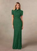 Green Dark Mermaid Mother of the Bride Dress with Bow Tie Neckline Short Puff Sleeves and Floral