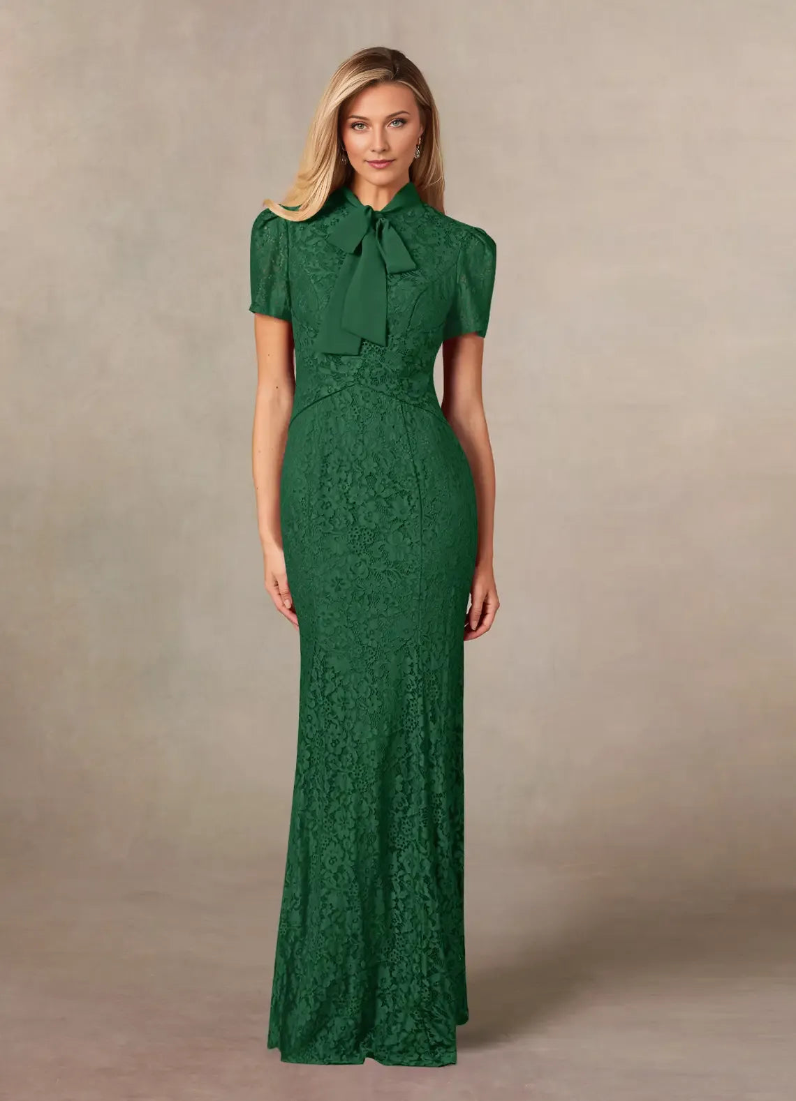 Green Dark Mermaid Mother of the Bride Dress with Bow Tie Neckline Short Puff Sleeves and Floral
