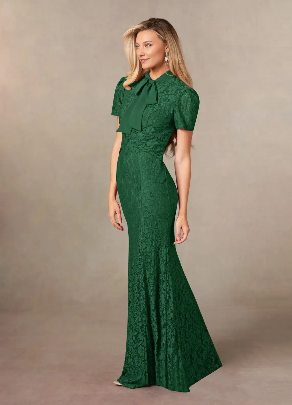 Green Dark Mermaid Mother of the Bride Dress with Bow Tie Neckline Short Puff Sleeves and Floral