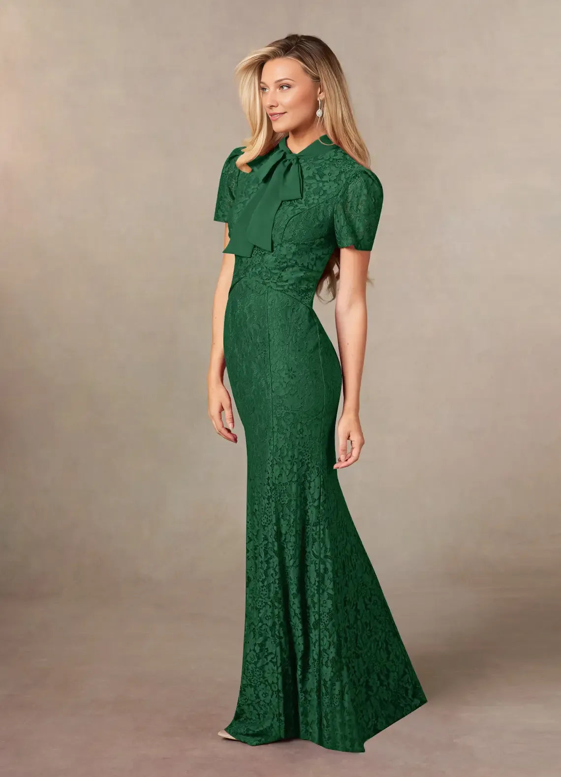 Green Dark Mermaid Mother of the Bride Dress with Bow Tie Neckline Short Puff Sleeves and Floral