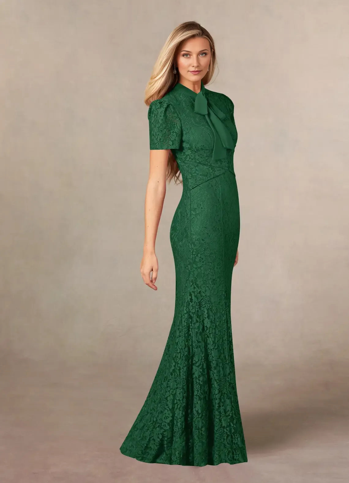 Green Dark Mermaid Mother of the Bride Dress with Bow Tie Neckline Short Puff Sleeves and Floral