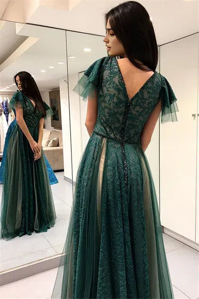 Green Dark Princess Short Sleeves Long Prom Dresses V-Neck Evening Dresses with Soft Pleats