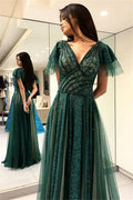 Green Dark Princess Short Sleeves Long Prom Dresses V-Neck Evening Dresses with Soft Pleats
