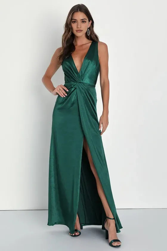 Green Dark Prom Dress with Deep V Neck Twist Front High Side Slit A Statement Piece for Formal Events