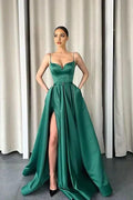 Green Dark Spaghetti-Strapes Slit Evening Dress Long
