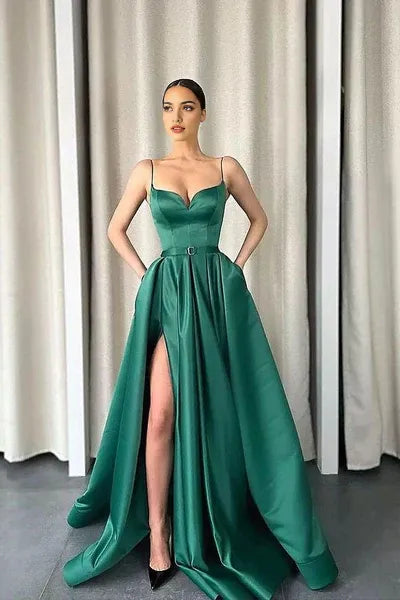 Green Dark Spaghetti-Strapes Slit Evening Dress Long