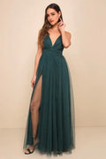 Green Dark Prom Dress with Plunging V - Neck Sheer Slit Layered Skirt A Dreamy Choice for Prom