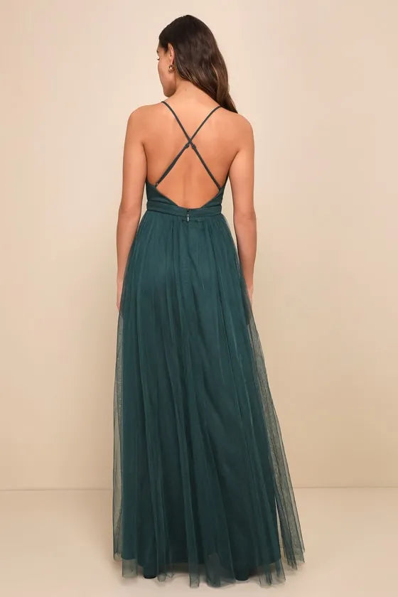 Green Dark Prom Dress with Plunging V - Neck Sheer Slit Layered Skirt A Dreamy Choice for Prom