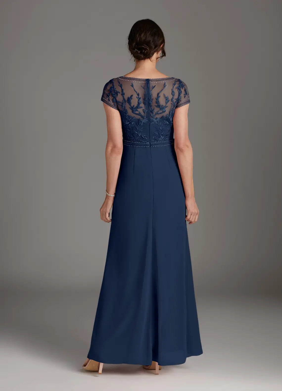 Navy Dark A-Line Mother of the Bride Dress with Sheer Bodice Cap Sleeves