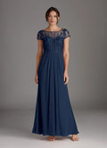 Navy Dark A-Line Mother of the Bride Dress with Sheer Bodice Cap Sleeves