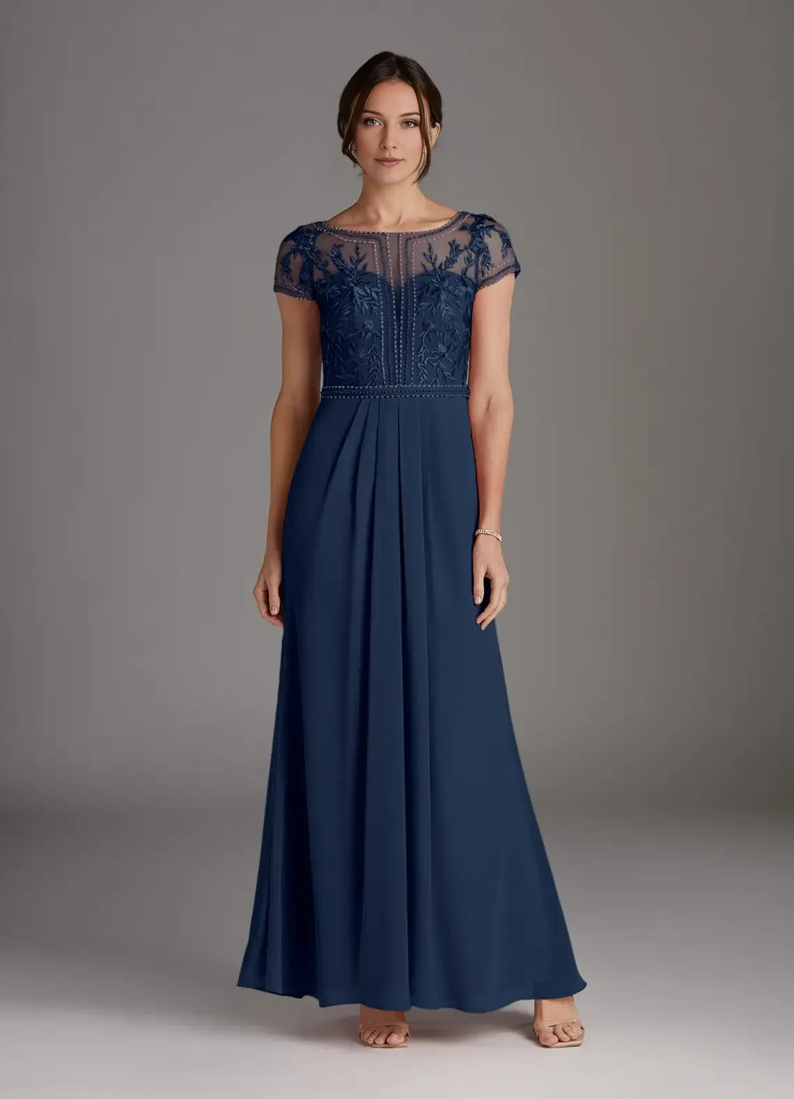 Navy Dark A-Line Mother of the Bride Dress with Sheer Bodice Cap Sleeves