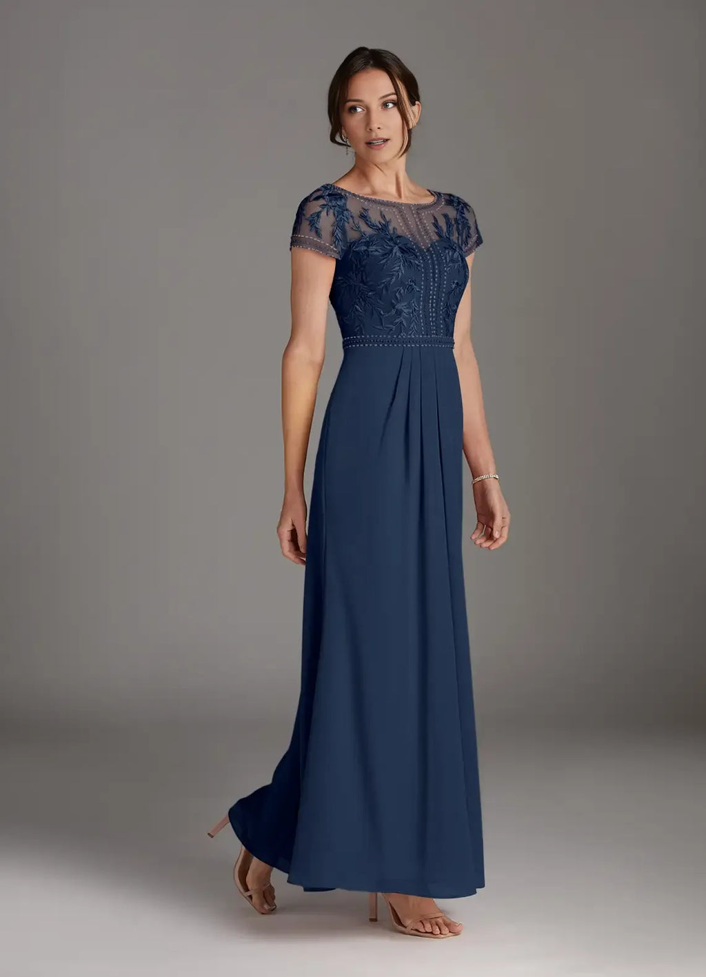 Navy Dark A-Line Mother of the Bride Dress with Sheer Bodice Cap Sleeves