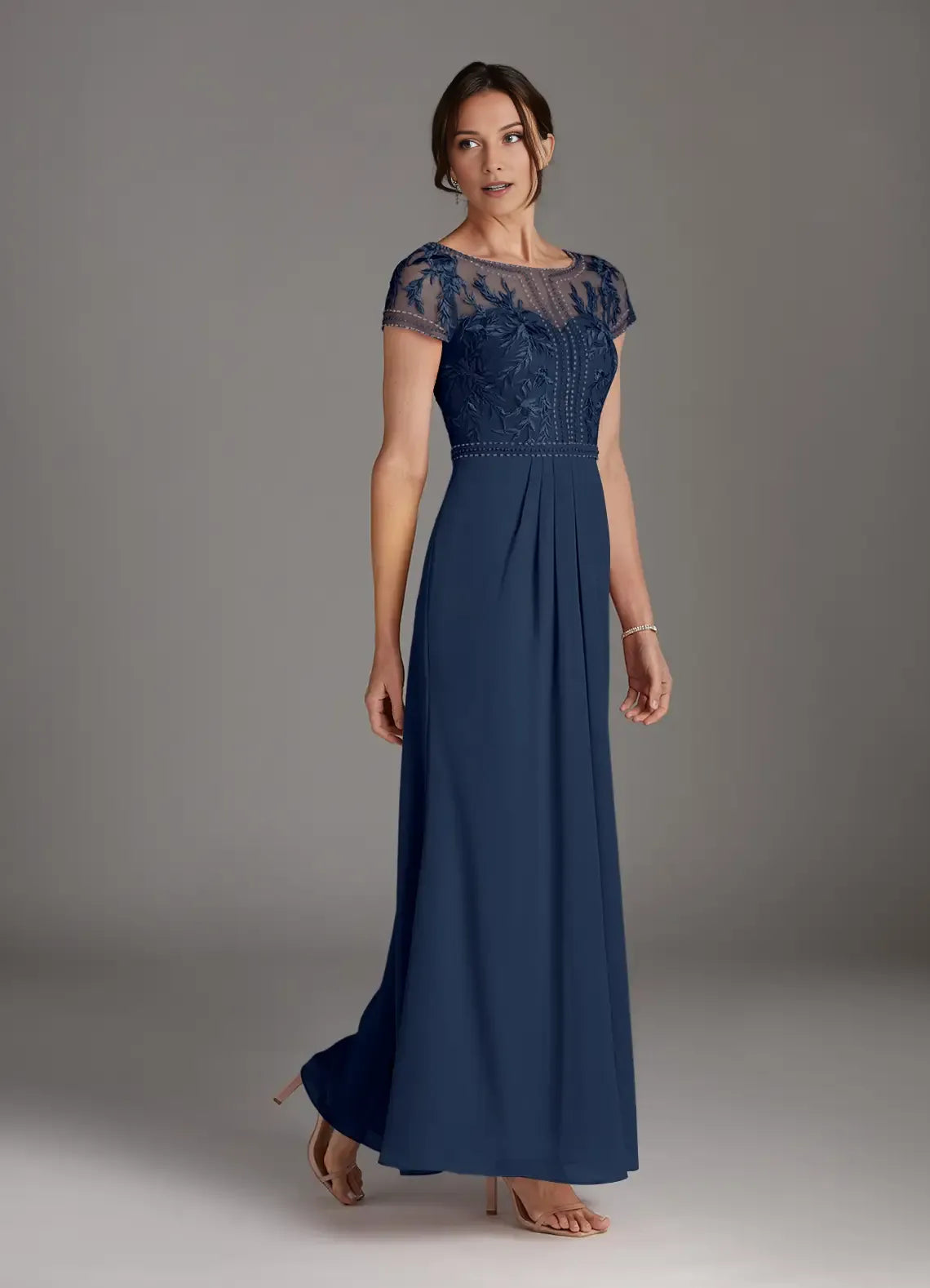 Navy Dark A-Line Mother of the Bride Dress with Sheer Bodice Cap Sleeves