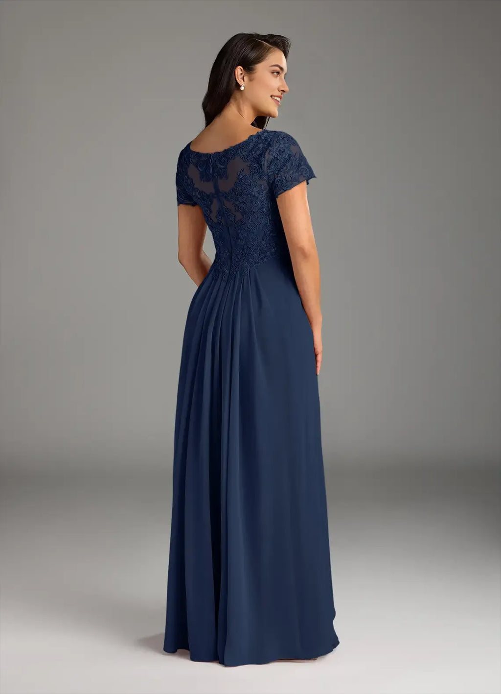 Navy Dark A-Line Mother of the Bride Dresses Detailed V Neck Sheer Short Sleeves Trendy