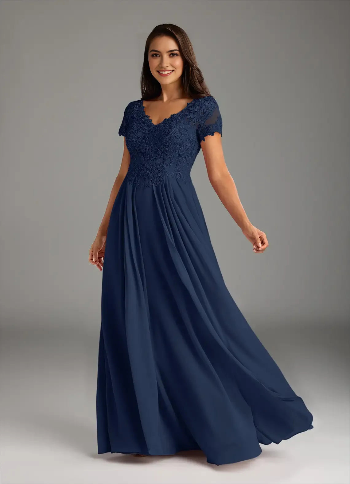 Navy Dark A-Line Mother of the Bride Dresses Detailed V Neck Sheer Short Sleeves Trendy