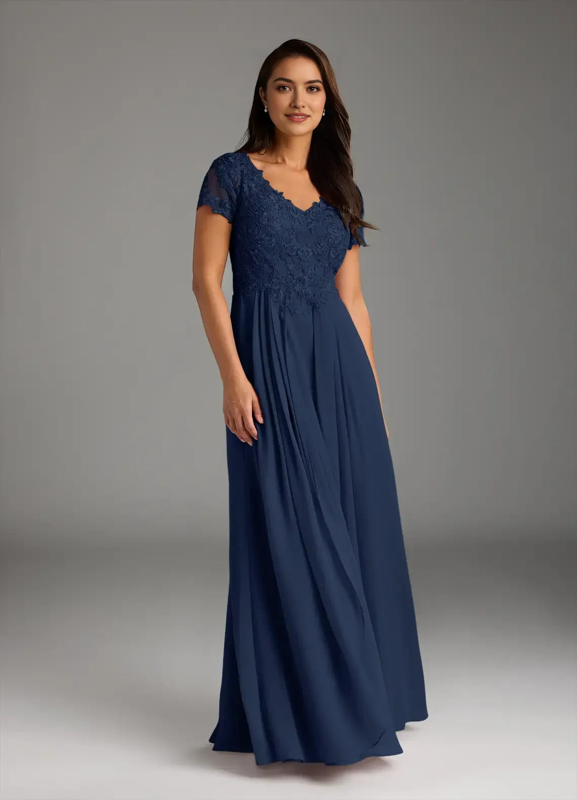 Navy Dark A-Line Mother of the Bride Dresses Detailed V Neck Sheer Short Sleeves Trendy