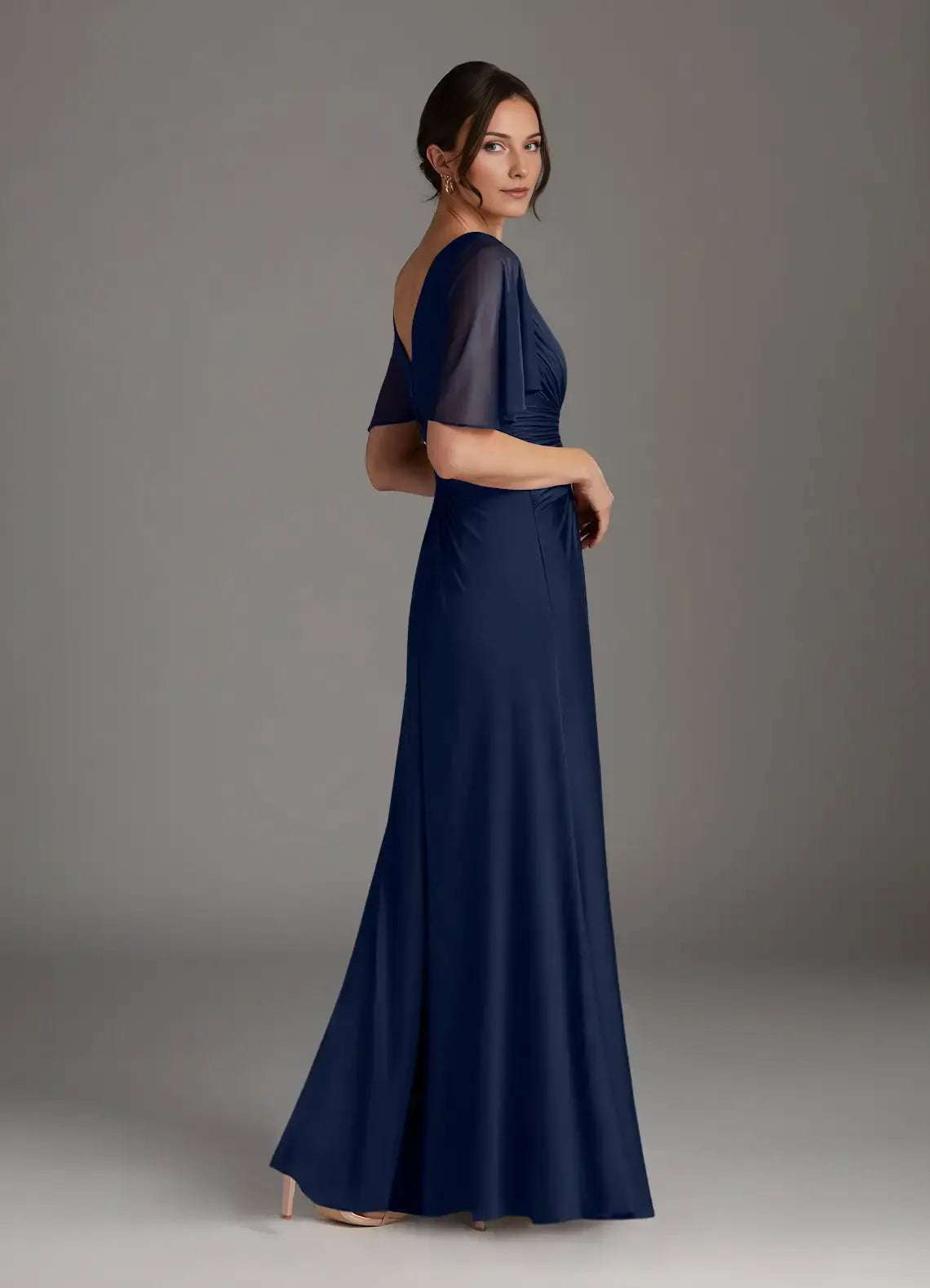 Navy Dark A-Line Pleated Mother of the Bride Dress with Sheer Flutter Sleeves Ruched V - Neck Bodice Flowy Skirt