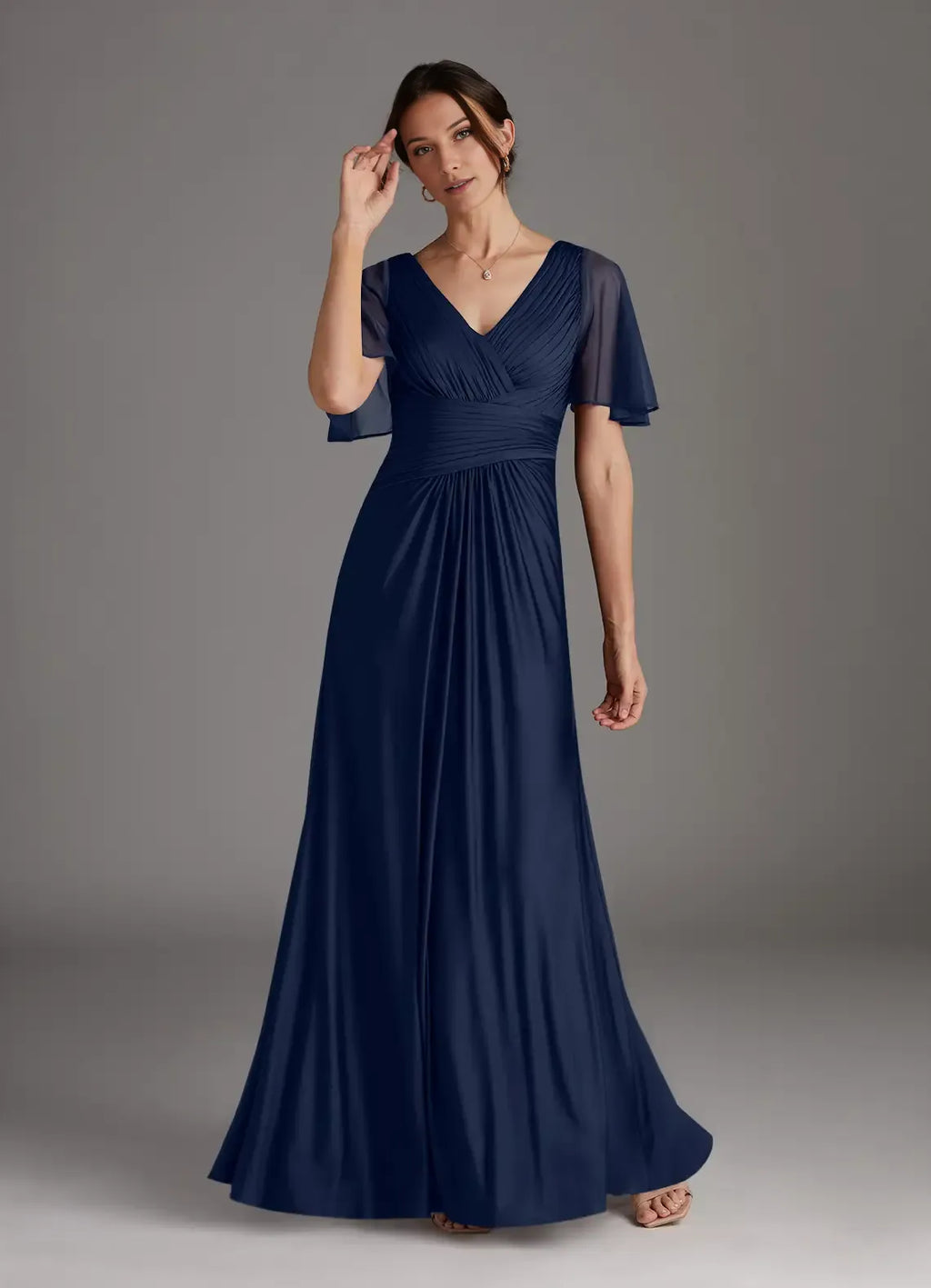 Navy Dark A-Line Pleated Mother of the Bride Dress with Sheer Flutter Sleeves Ruched V - Neck Bodice Flowy Skirt