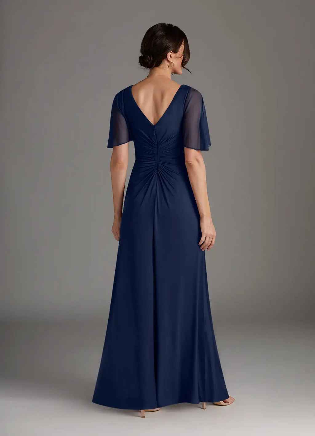 Navy Dark A-Line Pleated Mother of the Bride Dress with Sheer Flutter Sleeves Ruched V - Neck Bodice Flowy Skirt