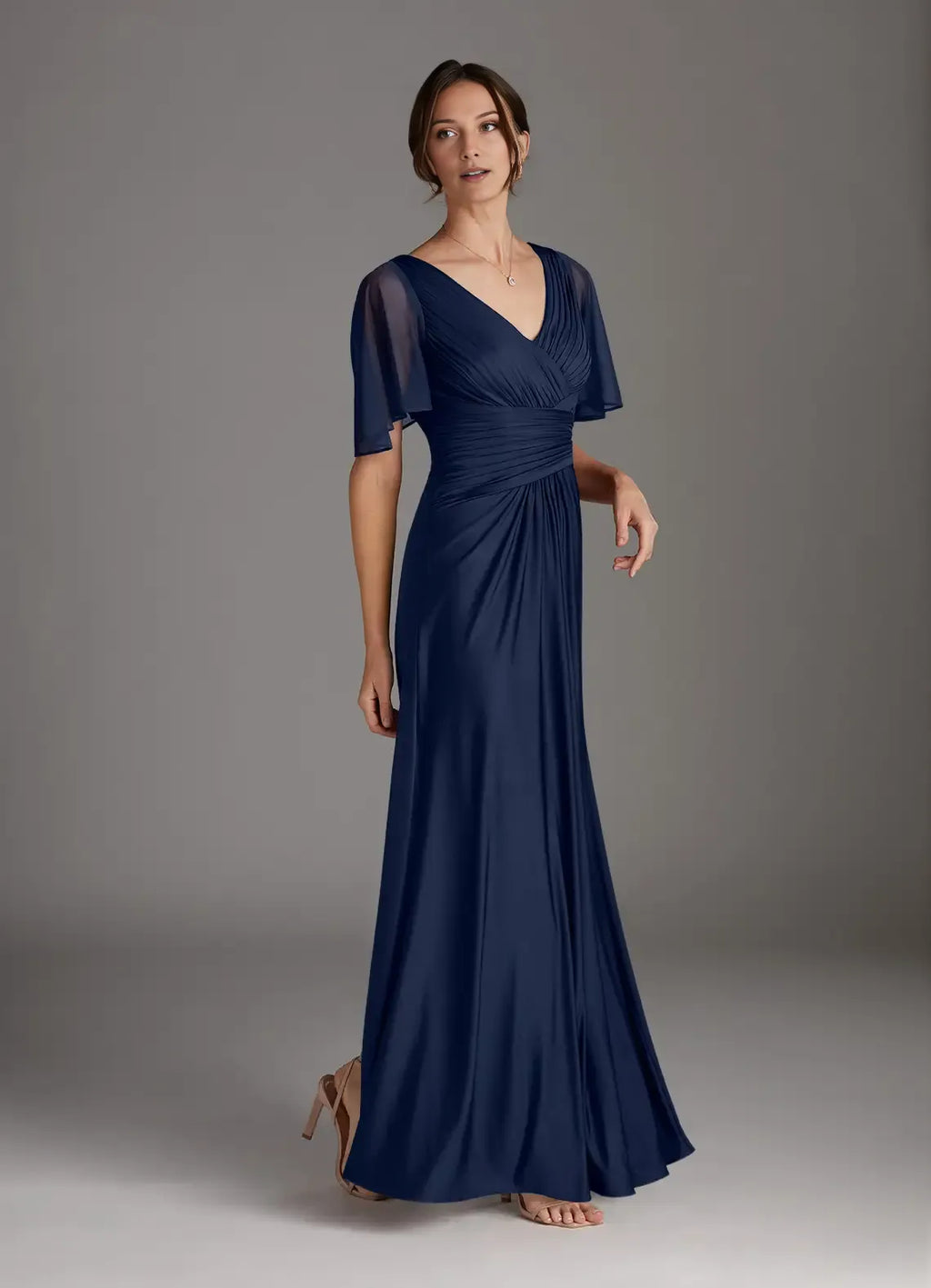 Navy Dark A-Line Pleated Mother of the Bride Dress with Sheer Flutter Sleeves Ruched V - Neck Bodice Flowy Skirt