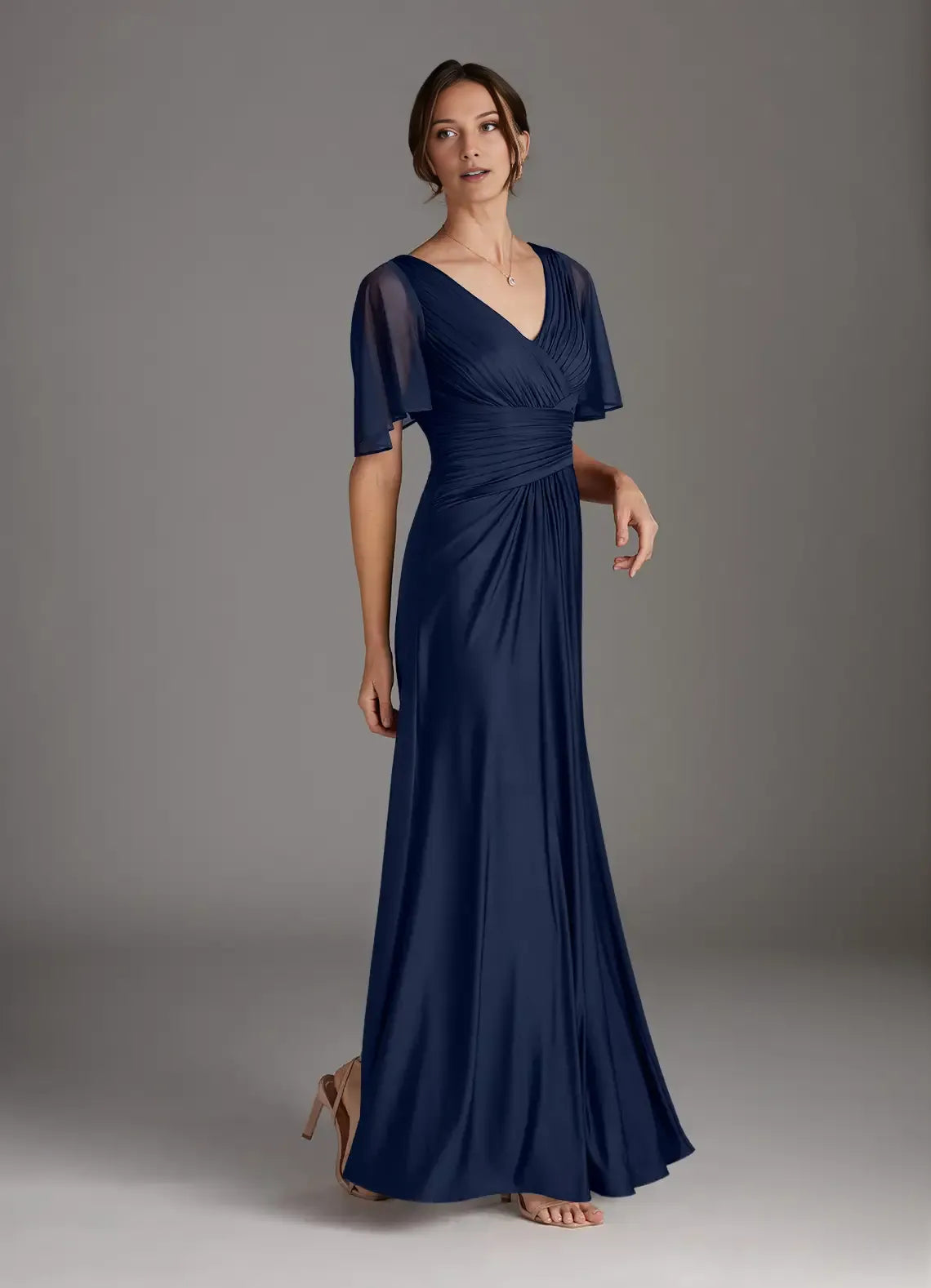 Navy Dark A-Line Pleated Mother of the Bride Dress with Sheer Flutter Sleeves Ruched V - Neck Bodice Flowy Skirt
