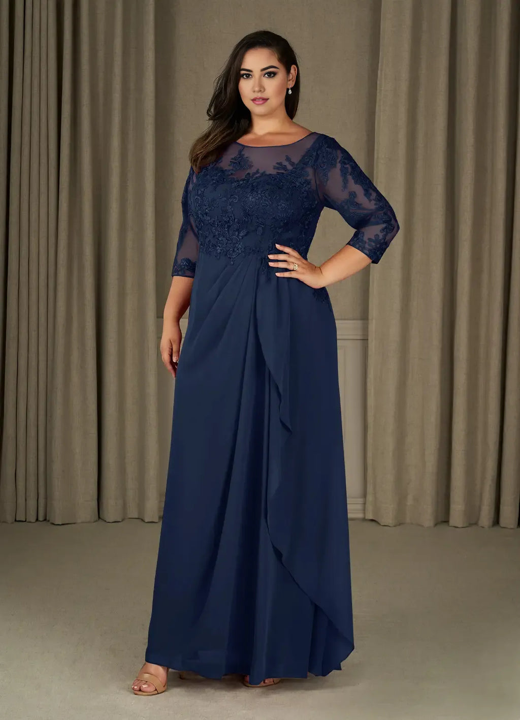 Sophisticated Graceful Elegant Champagne Chiffon A-Line Ruffle Mother of the Bride Dress