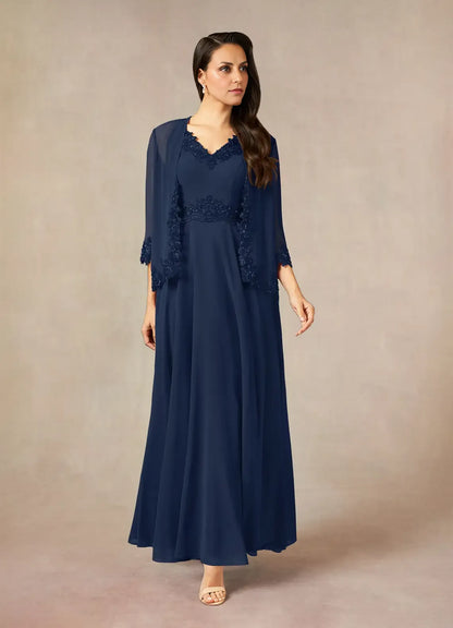 Refined Beautiful Timeless Elegant Chiffon A-Line V-Neck Mother of the Bride Dress