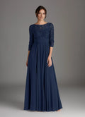 Navy Dark A-Line Sequins hot sale Mother of the Bride Dress with Bodice Boat Neckline 3/4 Sleeves